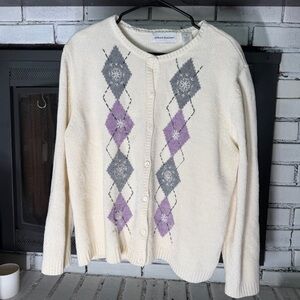 Feminine Pastel Holiday Cardigan Sweater Granny Snowflake Cream Argyle Women XL
